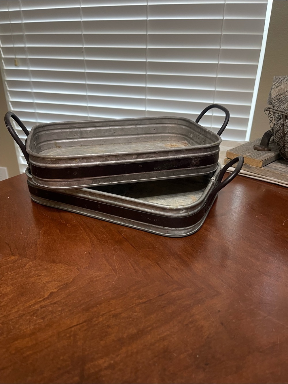 Set 2 Pottery Barn Galvanized Metal Tray w Handles